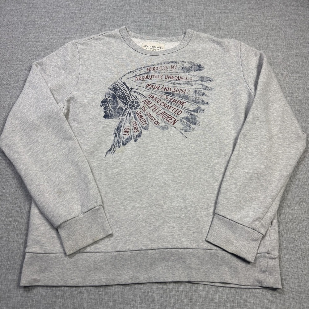 Denim & Supply Ralph Lauren Indian Head Chief Crew Neck Sweatshirt Mens XL Gray - Picture 3 of 12